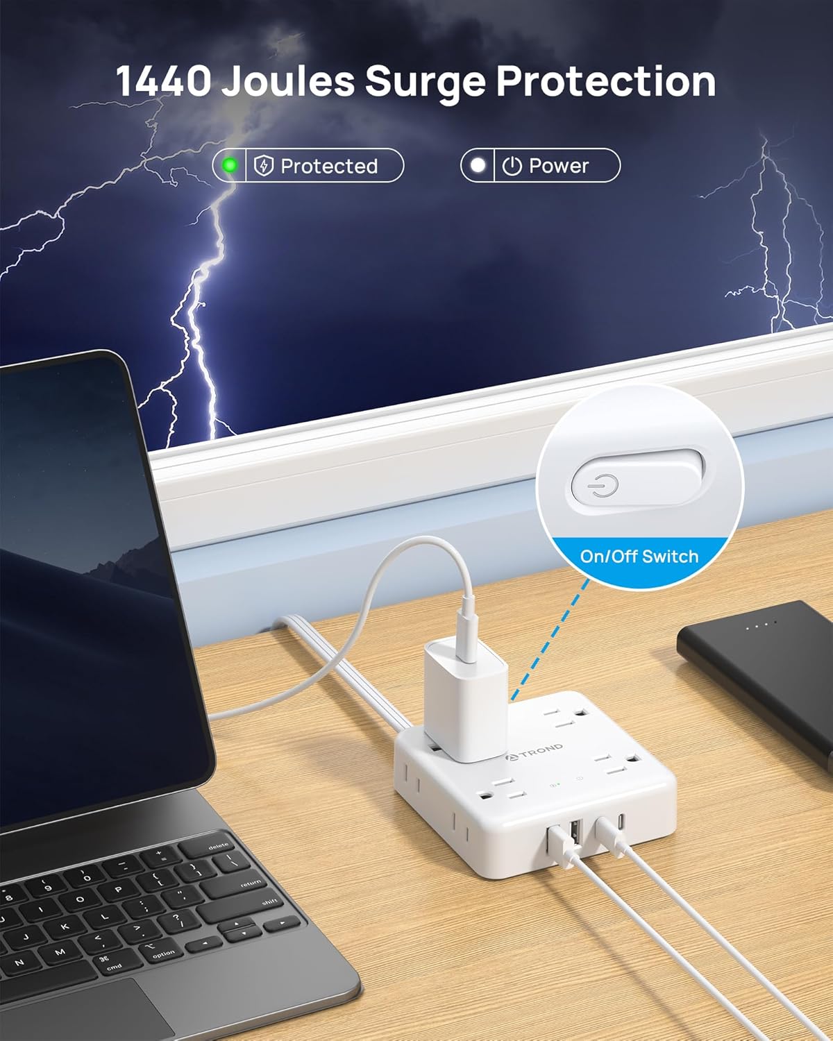 TROND 360° Rotating Flat Plug Power Strip, 10FT Flat Extension Cord with Multiple Outlets 4 USB (2 USB C), Wall Mount Surge Protector 1440 Joules for Home Office Travel Dorm Room Essentials, White