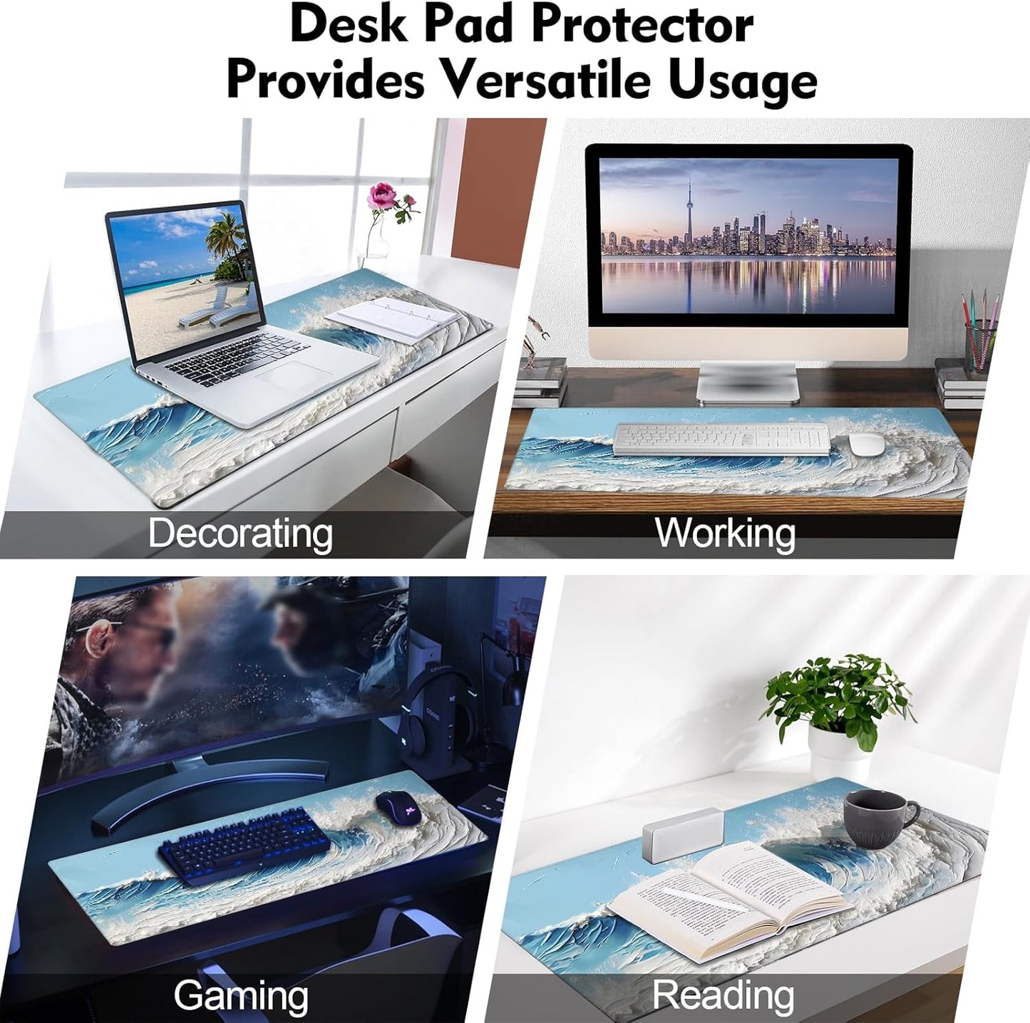 Galdas Gaming Mouse Pad XXL XL Large Long Extended Big Mousepad Non-Slip Rubber Keyboard Desk Pad with Stitched Edges for Laptop Home Office (31.5x11.8x0.08 Inch) … (Painting Waves)