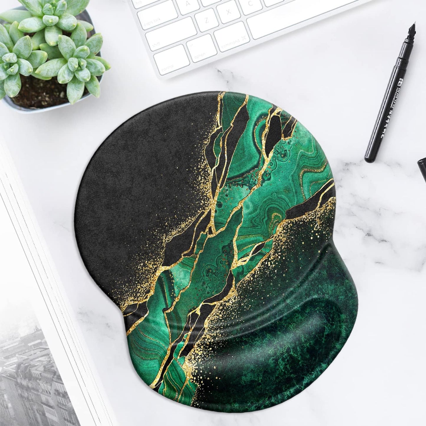 ITNRSIIET Ergonomic Mouse Pad with Gel Wrist Support Small Wrist Rest Smooth Surface Non-Slip PU Base Comfortable Office Supplies Pain Relief, 8.7 x 7.2 inches, Green Marble Gold
