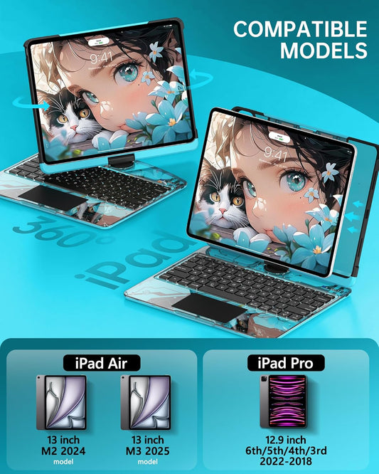 Intermerge Clear Keyboard Case for iPad Air 13" (M3/M2, 2025/2024) & Pro 12.9" (2022-2018) - 360° Rotatable Trackpad, RGB Backlit Keyboard, Pencil Holder, Power Indicator, Type-C, Nebula Core X