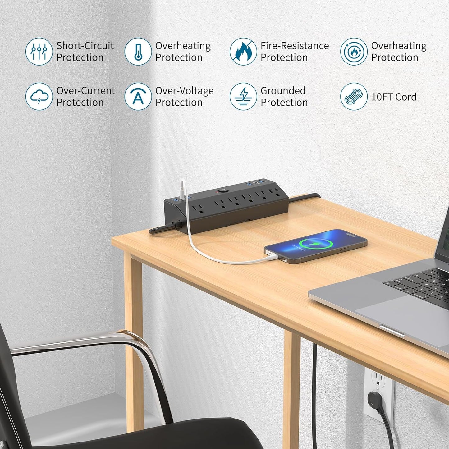 Desk Clamp Power Strip with 40W Fast Charging Station, JXGUCAT 10ft Flat Plug Power Strip Surge Protector, 2 USB-C Ports, 6 AC Outlets, Fit 2.48" Tabletop Edge, Home Office Desk Accessories Essentials