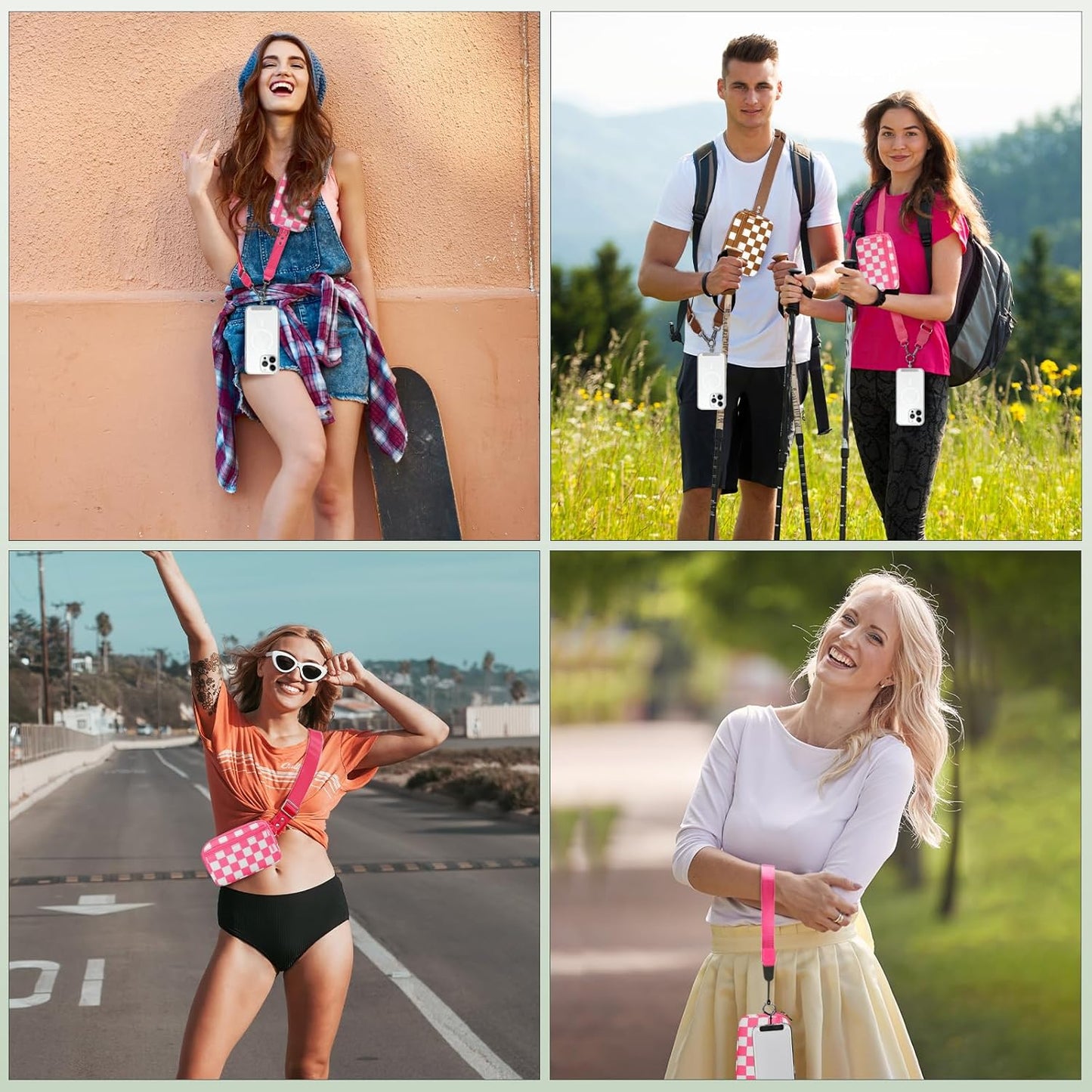 Clip and Go Strap for Phone with Wallet Crossbody, Adjustable Phone Lanyard with Detachable RFID Wristlet Wallet, Phone Strap with Phone Tabs for All Phones, Pink Checkered (M)