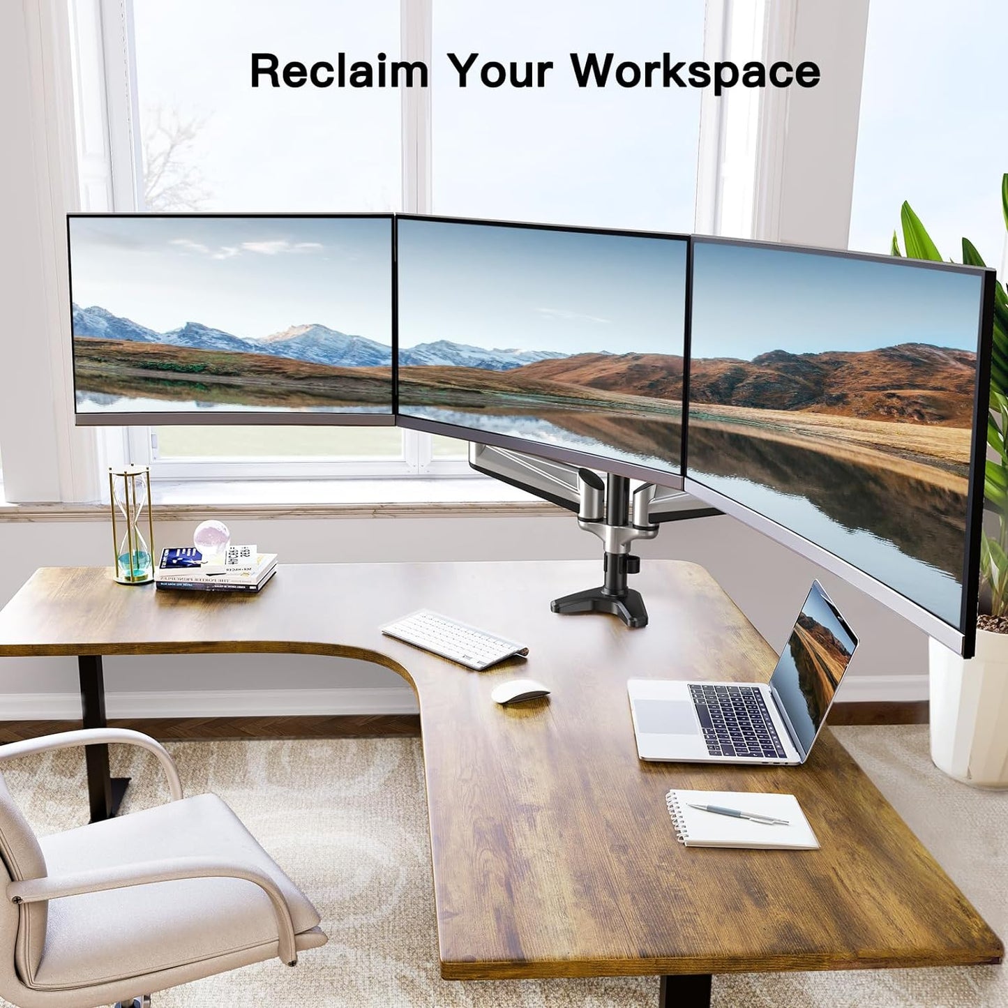 HUANUO Triple Monitor Stand - Full Motion Articulating Monitor Mount Fit Three 17 to 32 inch Flat/Curved LCD Computer Screens with Clamp, Grommet Kit, Silver