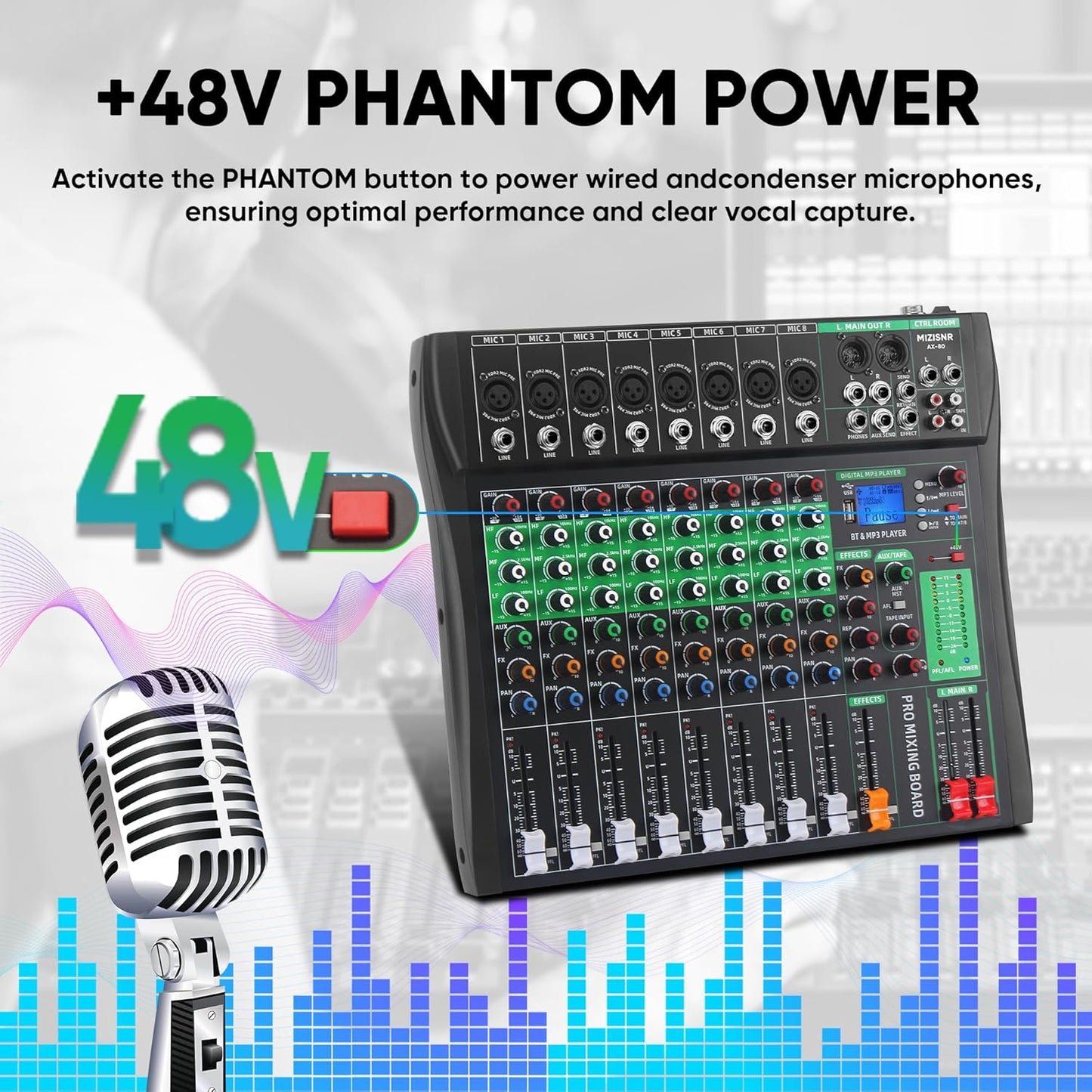 8 Channel Audio Mixer, Professional DJ Mixer Board Sound Music Mixing Console Digital Mixer with Reverb, Bluetooth, USB Port, 48V Phantom Power for Recording Karaoke Podcasting