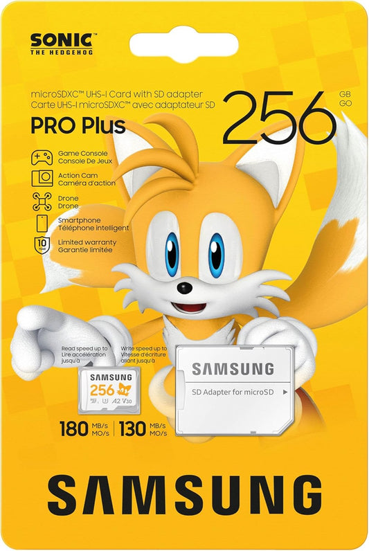 Samsung PRO Plus Sonic The Hedgehog + Adapter, 256GB microSDXC, Up-to 180MB/s, Full HD & 4K UHD, UHS-I, C10, U3, V30, A2, for Nintendo-Switch, Steam Deck, GoPRO, DJI Drone, Tablets (MB-MD256SA/LC1)