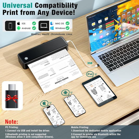 Portable Printer Wireless for Travel, Inkless Thermal Printer Supports 8.5 x 11 Inch Thermal Paper, Bluetooth Compatible with iOS, Android, Laptop Includes 2 Rolls & 10 Sheets of Paper Kit