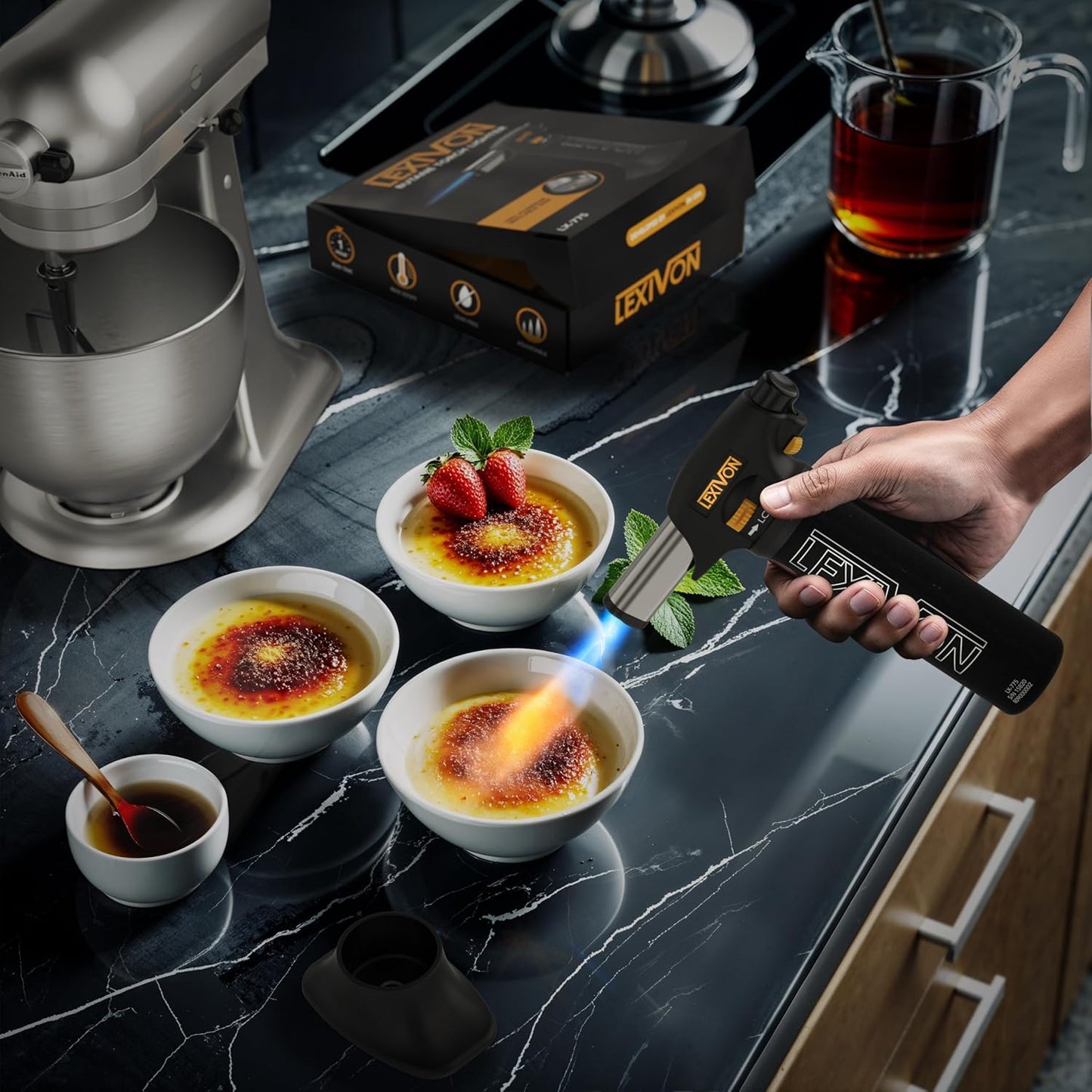LEXIVON Butane Torch Lighter, Refillable Kitchen Cooking Torch | Self-Igniting with Safety Lock and Adjustable Flame | Pro-Grade Aluminum Tank (LX-775)