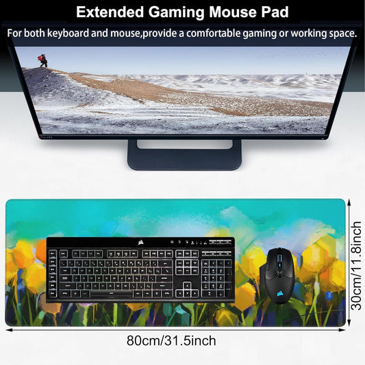 Tulips Flowers Desk Mat,Large Yellow and Violet Tulip Flowers Gaming Keyboard Mouse Pad,Non-Slip Rubber Base Desk Pad Thick Stitched Edges Waterproof Mousepad Mouse Mat 31.5"x11.8"