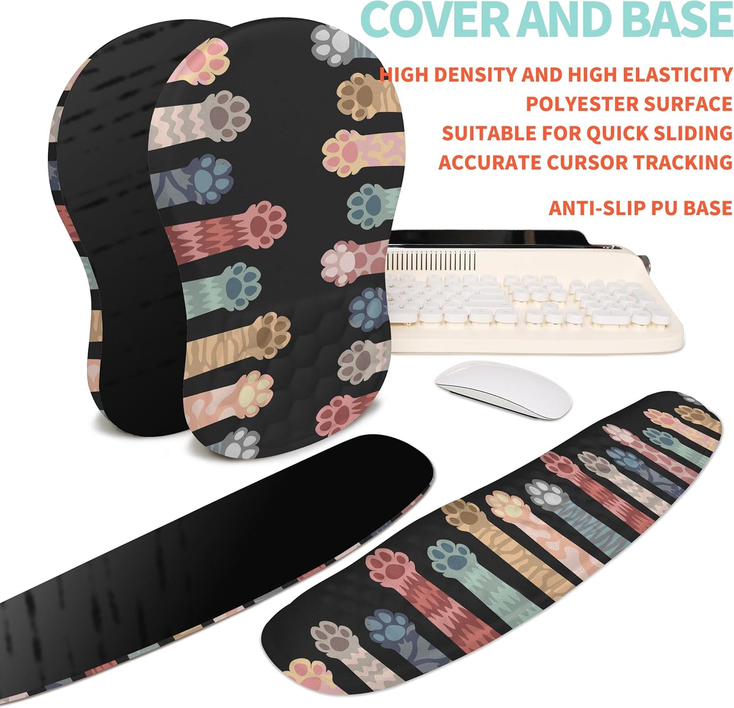 2-in-1 Ergonomic Set, Wave Rise Keyboard Wrist Rest and Massage Bulge Slope Mouse Pad Wrist Support, Cushion Memory Foam Integrated to Relieve Wrist Pain, Multicolour Cat Claws