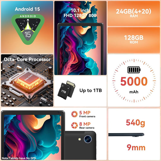 Tablet,10.1" Android 15 Tablet with Octa-core Processor 24GB RAM 128GB ROM HD IPS Touchscreen 8H Battery, Wi-Fi 6, BT 5.0, Dual Camera, Android 15 Tablets with Keyboard Mouse Stylus Case Headphone