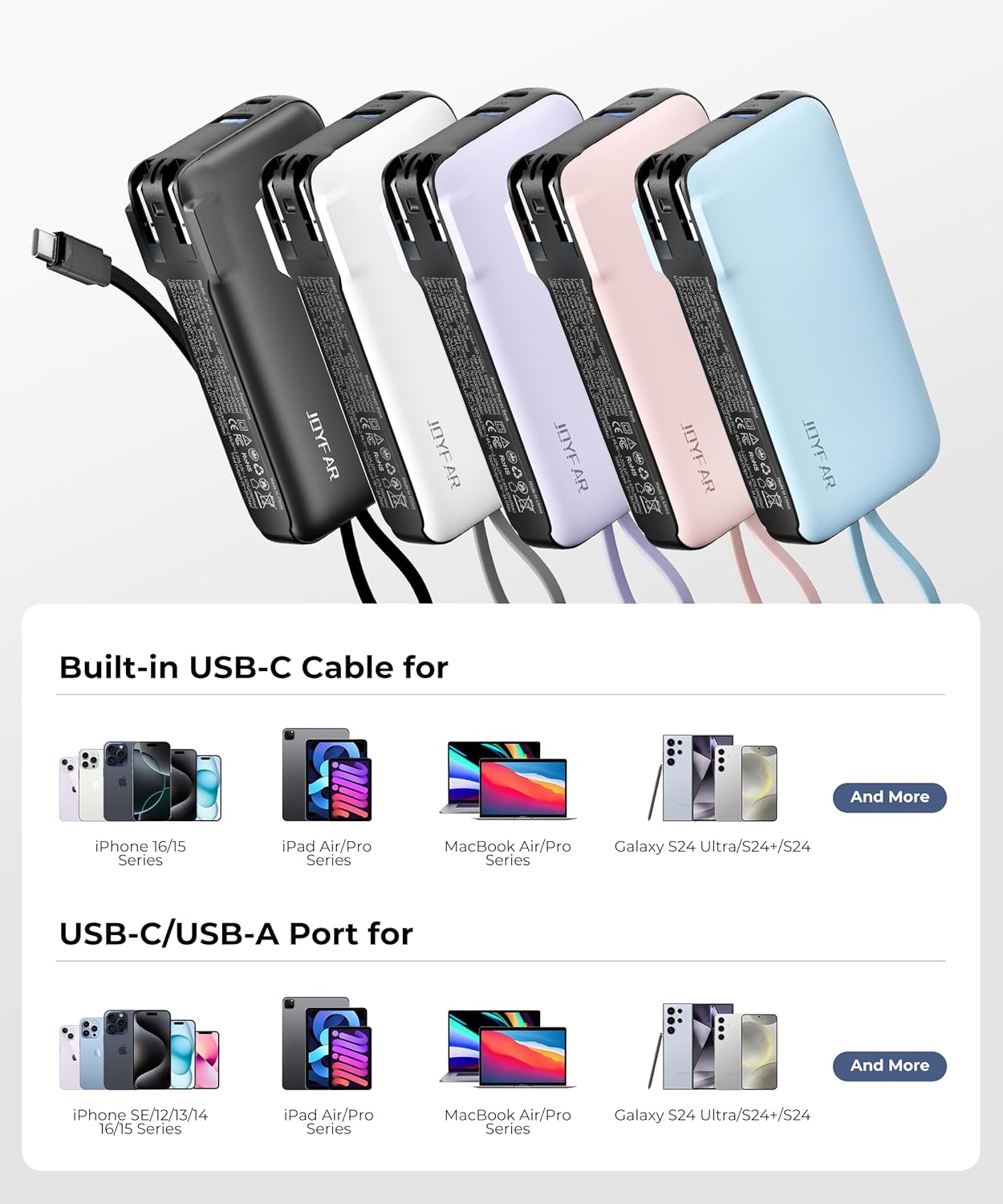 Portable Charger with Built-in USB-C Cable & Plug, 10,000mAh 5V/4.5A Power Bank Fast Charging 22.5W, Travel Essential Battery Pack 3 Output for iPhone 16/15 Series, Samsung Galaxy, iPad, 1 Pack