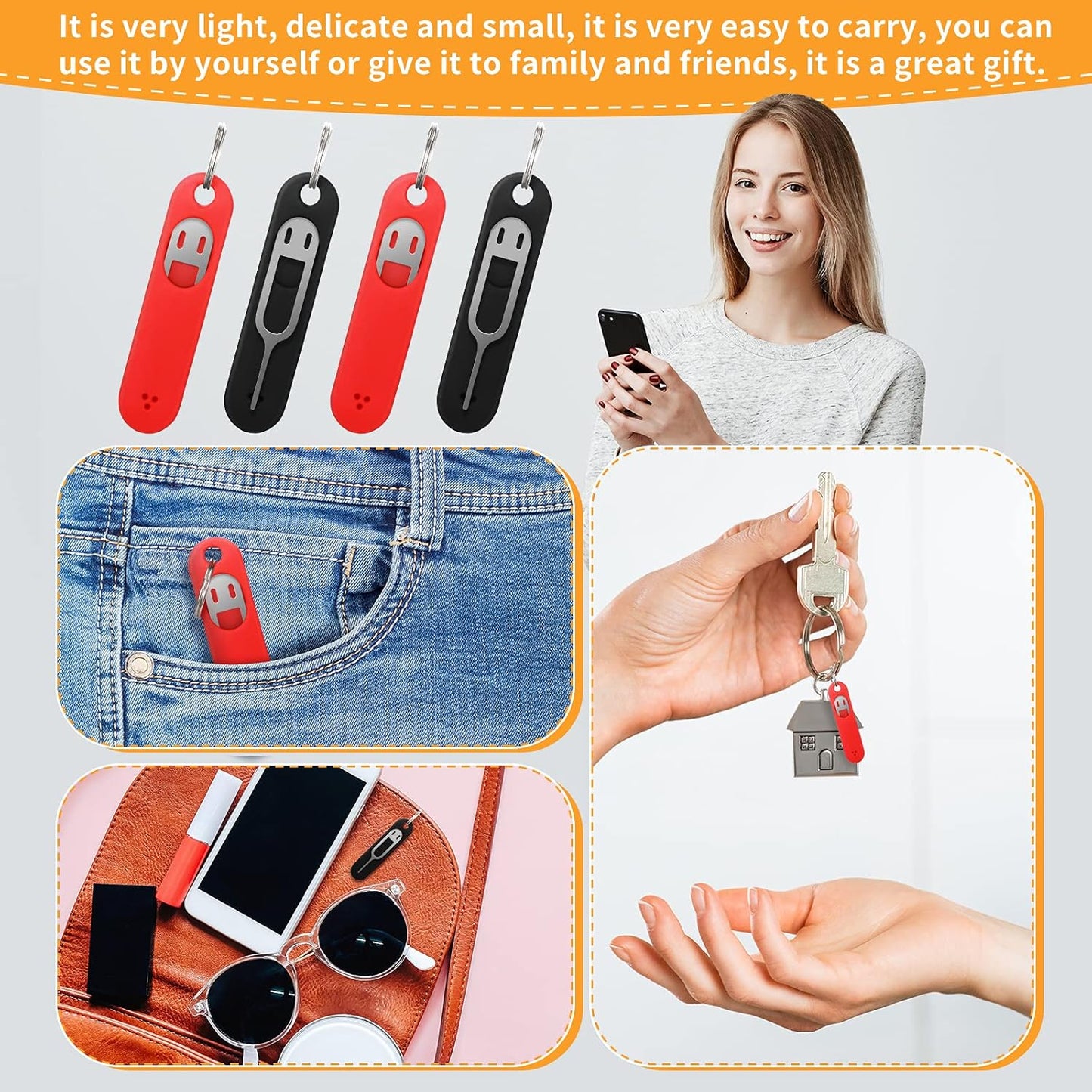 Sim Card Removal Tool Phone Chip Remover Unlock Chip Sim Card Tray Eject Pin Tool Needle Opener Ejector with Detachable Keychain Charm for Smart Phone, 4 Pieces