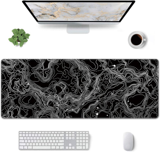 Black with White Topographic Line Large Mouse Pad,Gaming Keyboard Desk Pad,Extended Mouse Mat Non-Slip Rubber Base with Stitched Edges for Office Game Home XL 31.5"x11.8"