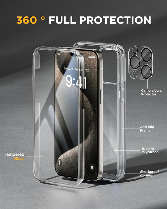 Miracase for iPhone 15 Pro Case, Full-Body Clear Bumper Phone case with Built-in Glass Screen Protector& Camera Protector, Military Drop Proof 15 Pro Case Cover 6.1 inch,Clear