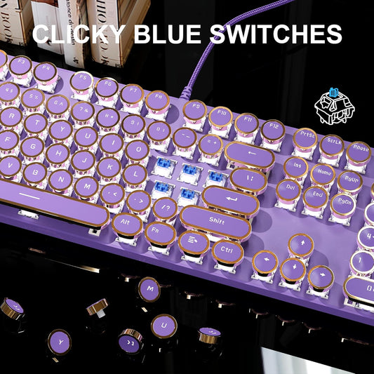 MageGee Typewriter Mechanical Gaming Keyboard, Retro Punk Purple Round Keycaps, 104 Keys LED White Backlit Wired Keyboards for Laptop MAC PC Gamer, with Magnetic Wrist Rest, Blue Switch