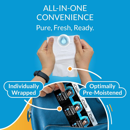 Screen Cleaner Wipes by iCloth – Individually Wrapped – Travel Size – Streak-Free (24 Large Wipes)