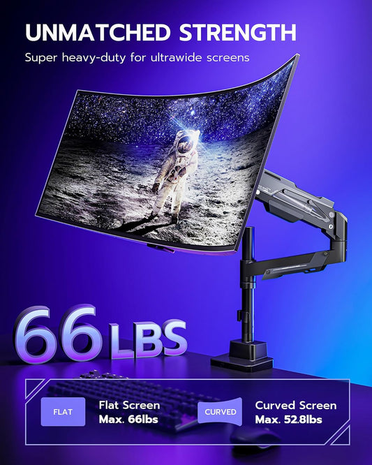 ARES WING Single Monitor Mount, Ultrawide Monitor Arm for 24 to 57 Inch Heavy Duty Curved Screen, Adjustable Gas Spring Monitors Arm Stand up to 66LBS with 75/100/200 Vesa Mount, Black