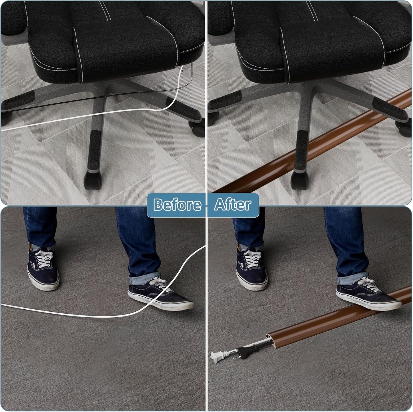 6ft Side Buckle Floor Cord Cover for Wires, Selfadhesive Extension Cord Hider Easy Floor Cable Management Prevent Cable Trips,Silicone Floor Wire Covers for Cords, Cable Protector Cord Cavity(Brown)