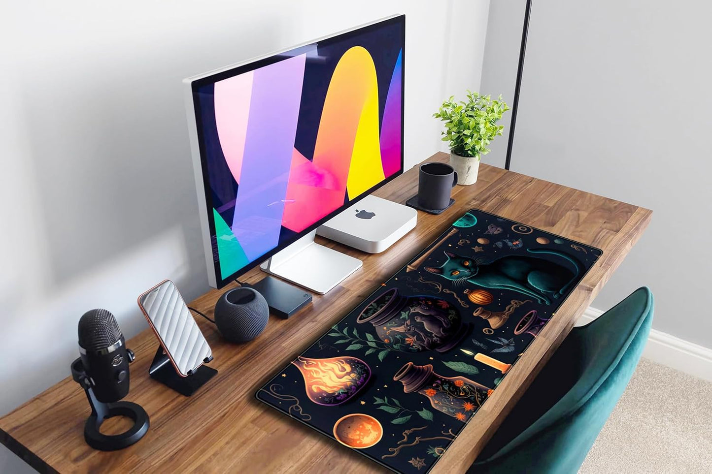 Anime Blue Cat Kawaii Cats Mouse Pad, XL Large Extended Gaming Desk Pad, Women Desk Decor Pad Computer Laptop Keyboard and Wireless Mouse Mat with Stitched Edges 31.5x11.8 in