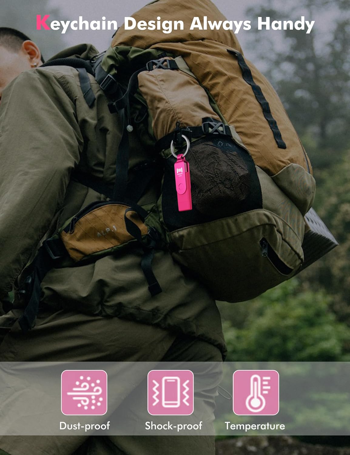 MOSDART 64GB USB3.1 Fast Speed C and A Dual Flash Drive, exFAT Memory Stick with Keychain and LED Indicator, for iPhone 15 and 16, Android Phone, iPad, MacBook, and Other Laptops, Hot Pink