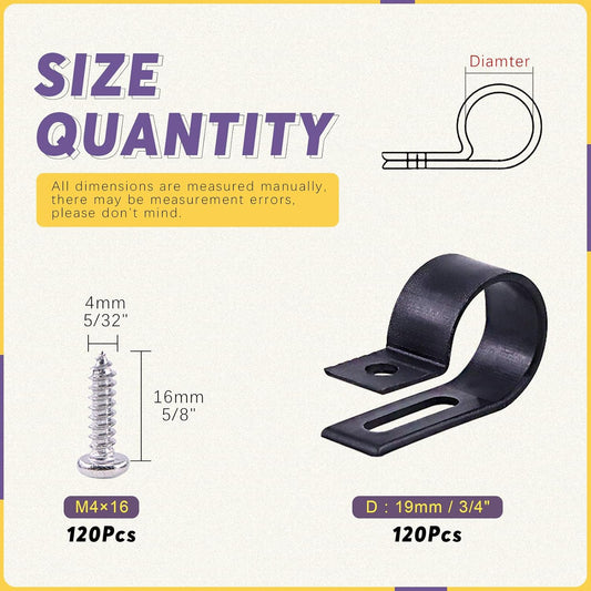 Swpeet 120 Pack White 3/4 Inch Nylon Plastic R-Type Cable Clips Clamp Kit, Nylon Screw Mounting Cord Fastener Clips with 120 Pack Screws for Wire Management (3/4 Inch, Black)