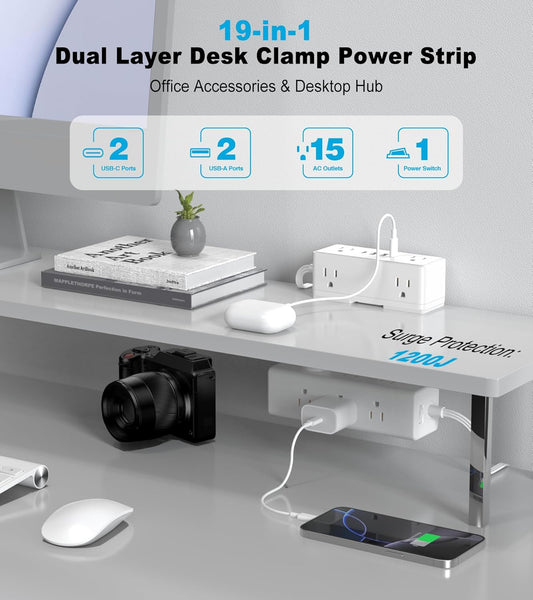 Dual Layer Desk Clamp Power Strip, Desktop Edge Mount Surge Protector with 4 USB Ports(2 USB-C) & 15 AC Outlets, Ultra Thin Flat Plug & 10FT Power Cord for Office Home(ETL Listed)