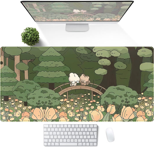 Anime Forest Desk Mat,Cute Green Mouse Pad,Kawaii Aesthetic Full Desktop Pad XXL Gaming Mousemat XL, Extended Korean Animals Bear Bunny Keyboard Mat Large 31.5x15.7 Inch Non-Slip&Stitched Edges