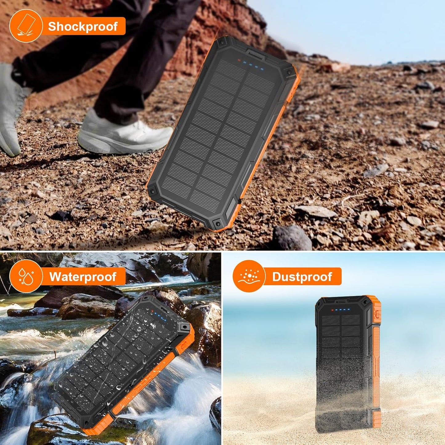 Solar Charger Power Bank 49800mAh Wireless Portable Phone Charger, 22.5W QC3.0 Fast Charging Built in 4 Cables with USB C 6 Outputs & 2 Inputs for Cell Phone Orange