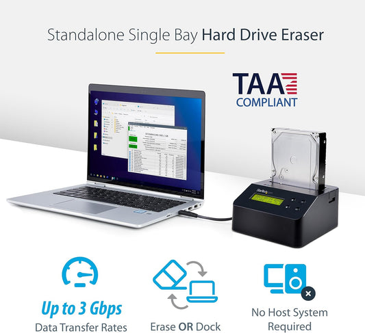 StarTech.com Single Bay SSD/HDD Hard Drive Eraser, 2.5/3.5" SATA, Hostless Standalone Secure Erase, Disk Sanitizer, Hardware Wiper Erasing Tool, 9 Modes, Printer Port, NIST/DOD, LCD, TAA (SDOCK1EU3P)