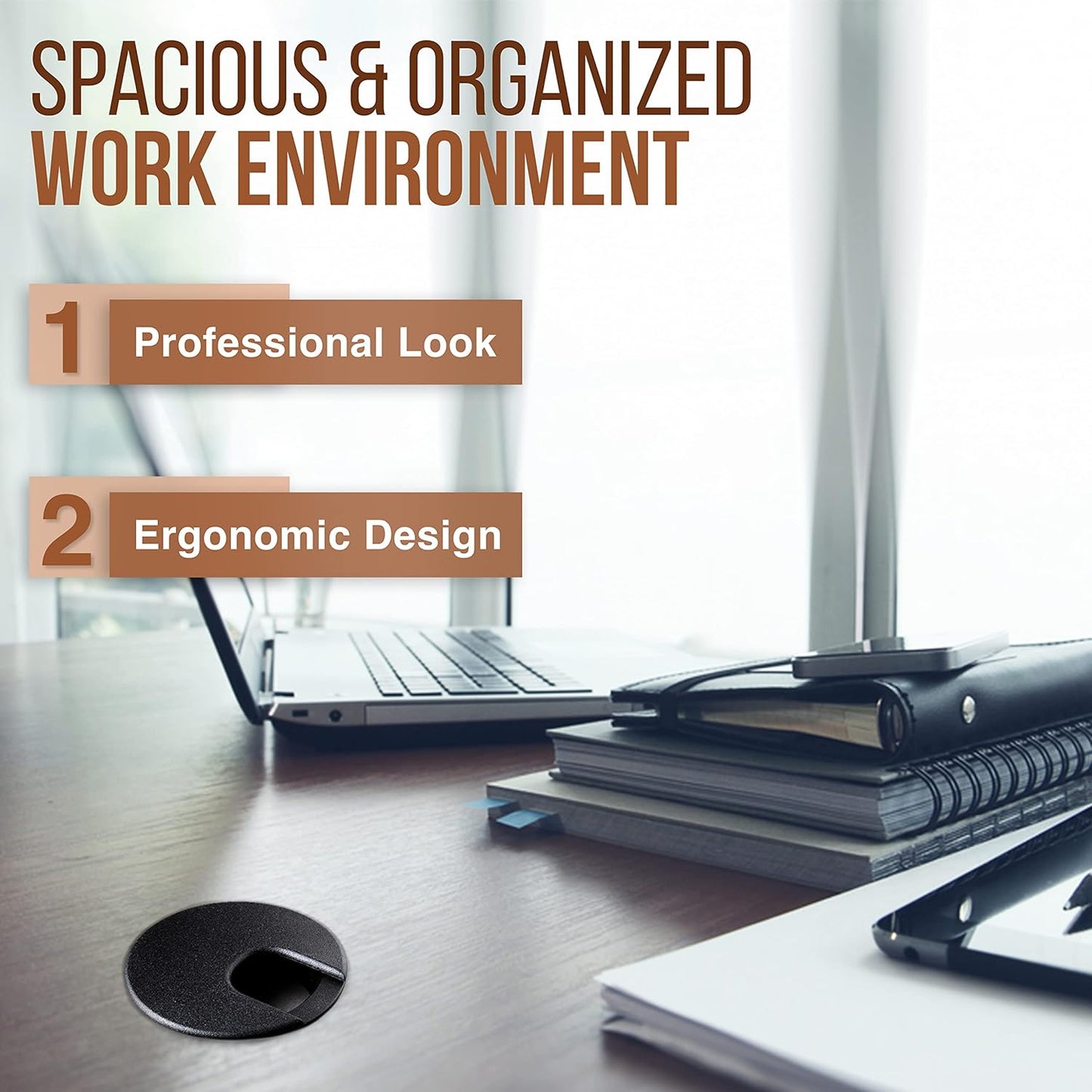 MAHDPRO Desk Grommet 2 Inch (50 mm) Pack of 5-Black ABS Plastic Cable Hole Cover to Arrange Wires & Cords Through Computer Table/Countertops