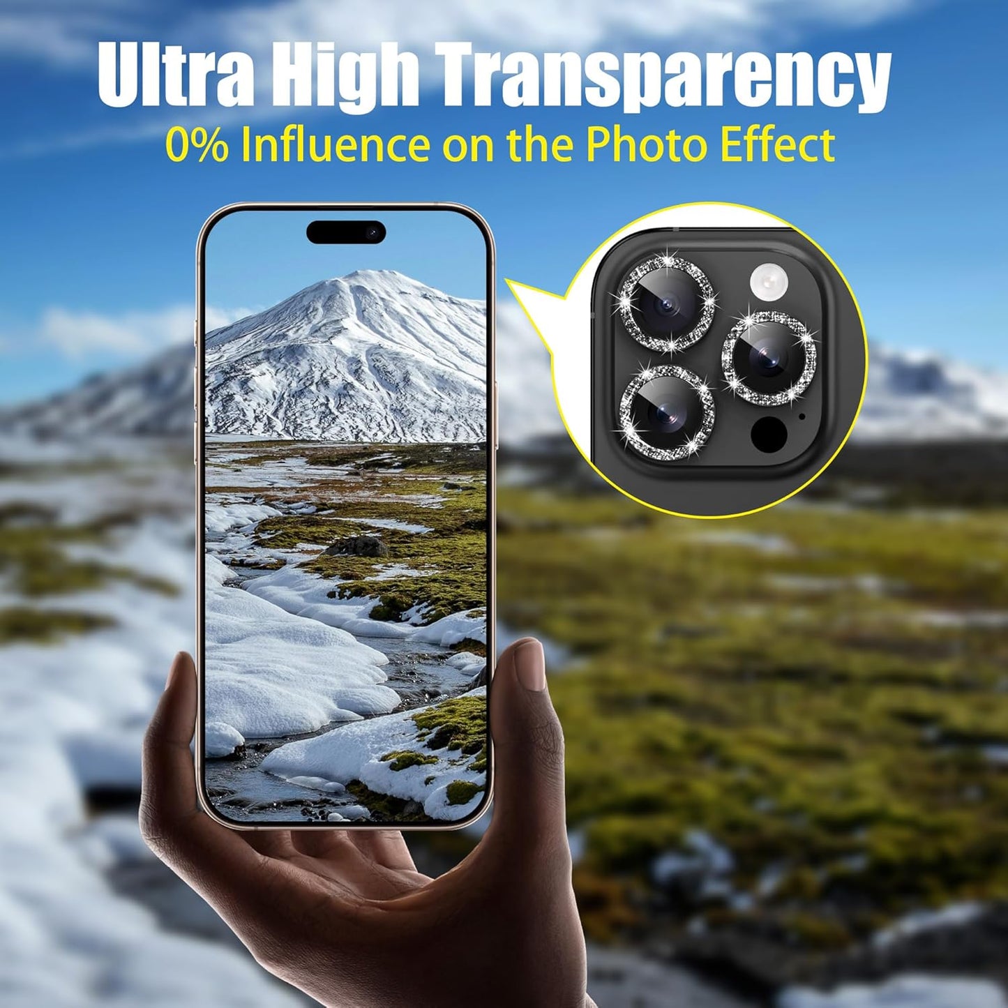 AGVEE 3+3 6 Pack for iPhone 16 Pro 6.3" / 16 Pro Max 6.9" Camera Lens Cover Protector, Bling Glitter & CD-Textured Metal Ring 9H Tempered HD Glass Camera Cover Protector Film, Glitter-Black