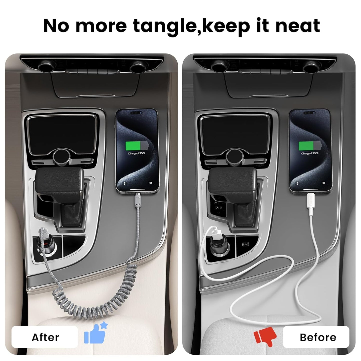 Coiled USB C to USB C Cable 2Pack 3FT Braided Retractable Fast Charging Cable for Car, Compatible with iPhone 16/15 Pro Max/Galaxy S24/S23/S22, Supports Car Play & Android Auto-Grey