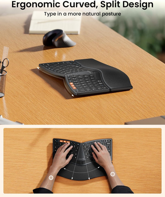ProtoArc Bluetooth Ergonomic Keyboard, EK04 Mini Compact Wireless Ergo Keyboard with Palm Rest, Split Design, Natural Typing, Bluetooth and USB, Rechargeable, for Windows/Mac - Black