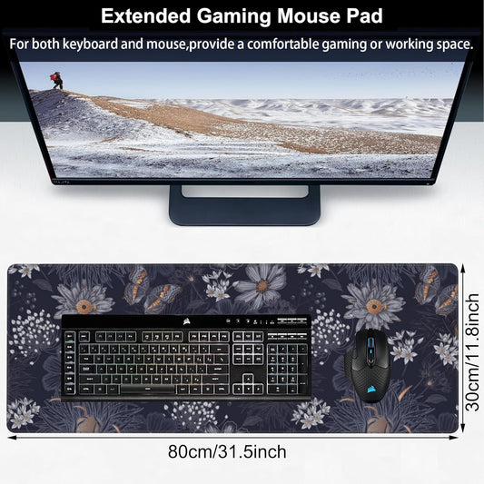 Wildflowers and Insects Desk Mat,Large Cute Flowers Butterflies and Dragonflies Gaming Keyboard Mouse Pad,Non-Slip Rubber Base Desk Pad Thick Stitched Edges Waterproof Mousepad Mouse Mat 31.5"x11.8"