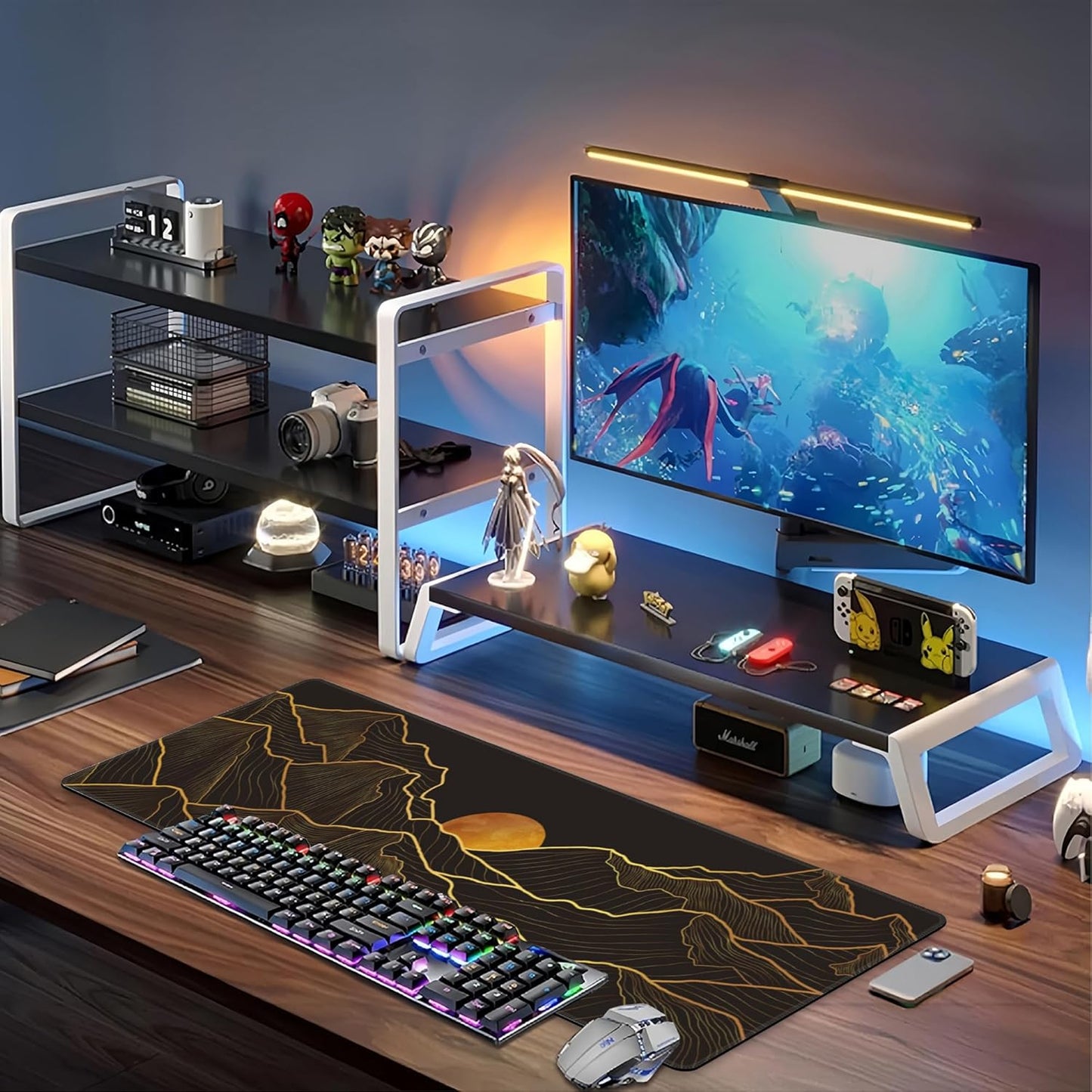 Golden Mountain and Moon Desk Mat,Large Luxury Gold Line Art Gaming Keyboard Mouse Pad,Non-Slip Rubber Base Desk Pad Thick Stitched Edges Waterproof Mousepad Mouse Mat 31.5"x11.8"