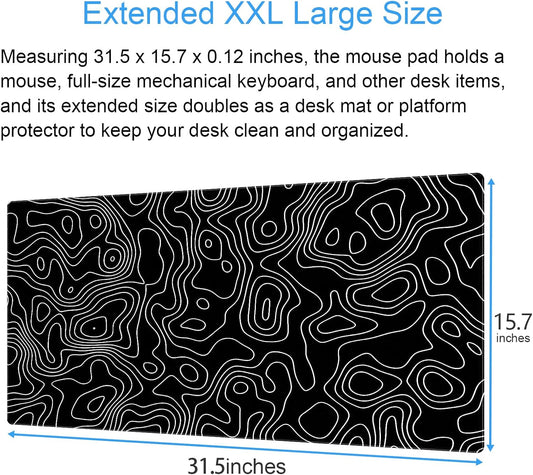 Black and White Topographic Map Gaming Mouse Pad - XXL Extended Desk Mat for Keyboard & Mouse (31.5" x 15.7") with Non-Slip Base & Stitched Edges - Washable Surface for Computer or Gaming Desk