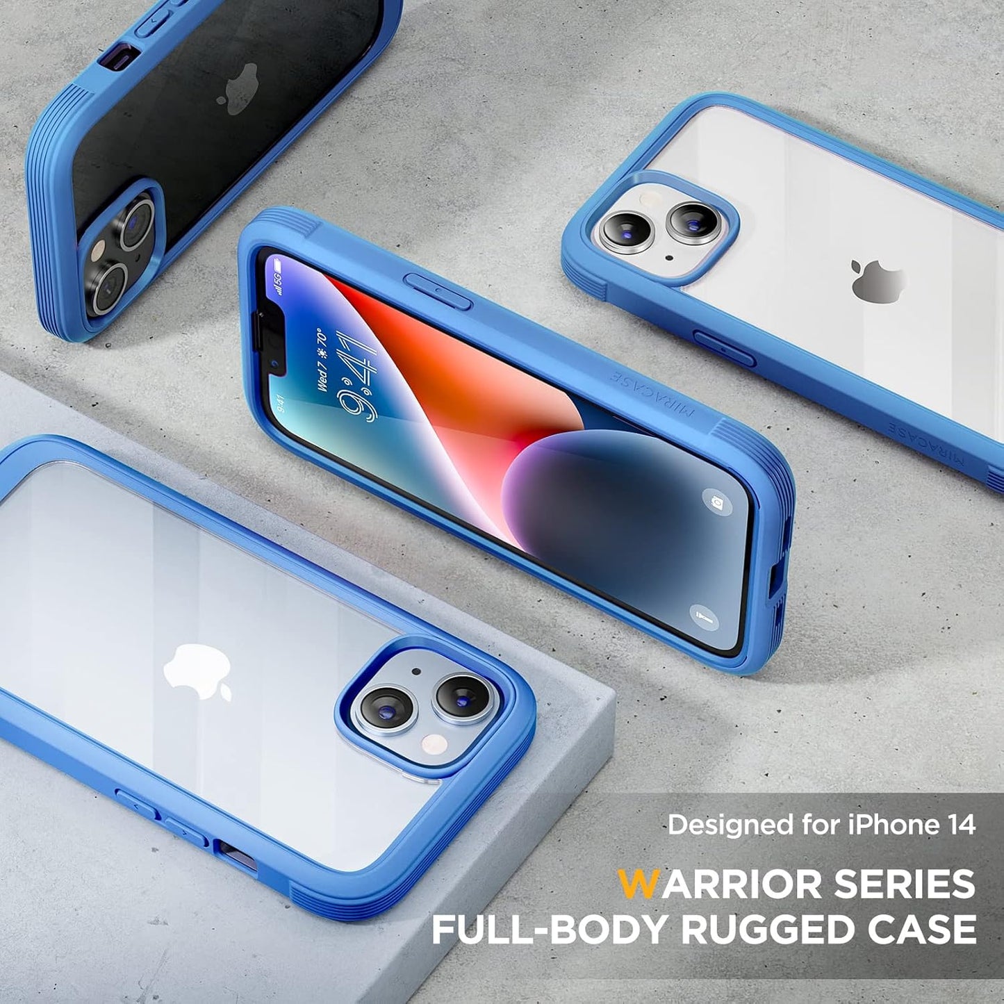Miracase Glass Series Designed for iPhone 14 Plus Case 6.7 inch, 2023 Upgrade Full-Body Clear Bumper Case with Built-in 9H Tempered Glass Screen Protector and Camera Lens Protector,Blue