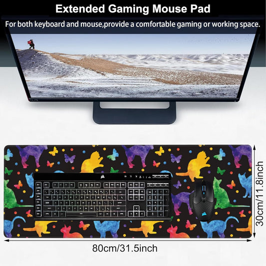 Colorful Cats and Butterflies Desk Mat,Large Watercolor Kittens Butterfly Gaming Keyboard Mouse Pad,Non-Slip Rubber Base Desk Pad Thick Stitched Edges Waterproof Mousepad Mouse Mat 31.5"x11.8"
