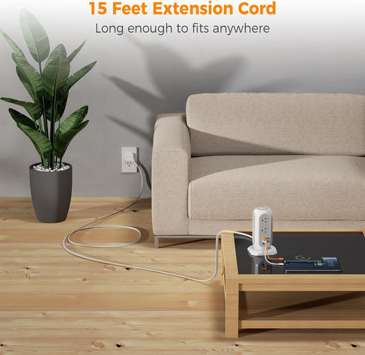 15 ft Extension Cord Tower Power Strip, 11 Outlets 3 USB(1 USB-C) Chargers, TESSAN Surge Protector with Multi Plug Outlet, 1050J Protection, Office Supplies, Desk Accessories, School Dorm Essential