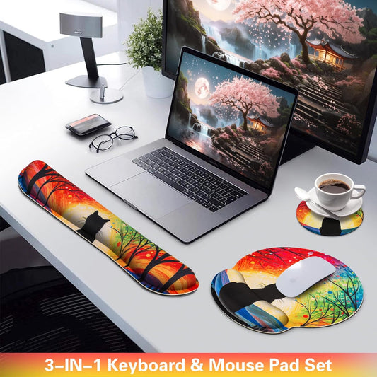 Mouse Pad with Wrist Rest Cute Black Cat Set,Qomolama 3-in-1 Wrist Support Mouse Pad Set,Gaming Mousepad with Anti-Skid Base,Ergonomic Mouse Pad,Memory Foam Keyboard Gel Wrist Rest Anime