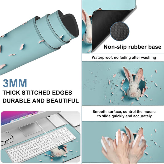Gaming Desk Pad Large Extra Length Bunny Peeking Out of A Hole Mouse Pad Keyboard Laptop Non-Slip Waterproof with Rubber Base Thick Stitched Edge Mouse Mat for Office Home 35.4 x 15.7 Inches