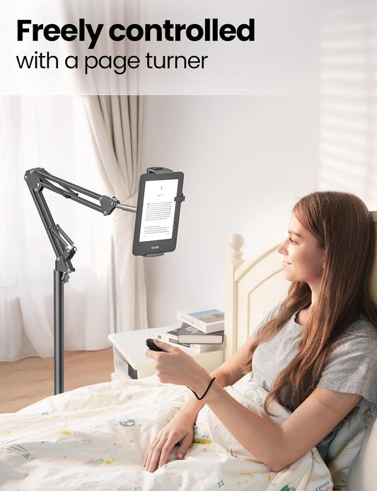 Kindle Floor Stand Holder with Remote Page Turner for Reading in Bed, Adjustable Tablet Mount with Clicker, Kindle Accessories Tablet Stand Holder for Kindles Tablets iPhones 4.7-12.9 inch(Black)