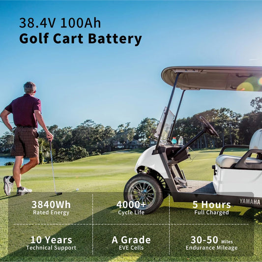 OKMO 36V 100AH Golf Cart Lifepo4 Lithium Battery with 43.8V 22A Charger, Built in 250A Bluetooth BMS, Peak Current 500A(3-5s), Perfect for Golf Cart