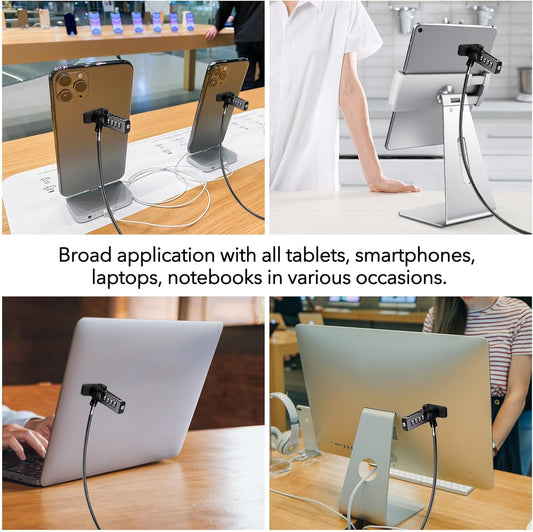AboveTEK iPad Lock Security Cable w/Adhesive Plates, 6Ft Keyless 4 Digit Combination Tablet Lock Kit, Anti-Theft Hardware Locking Cable for iPhone Cell Phone MacBook Laptop in Showroom Retail Store