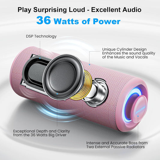 MIATONE Portable Bluetooth Speaker 36W Stereo Sound Bass Boost, 24H Playtime Bluetooth 5.3 TWS Pairing (Pink)