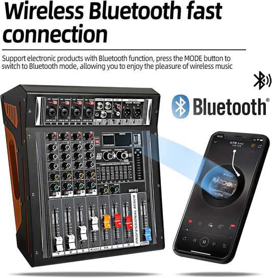 Audio Mixer 4 Channel, DJ Mixer with Power Amplifier, Audio Sound Card with 48V Phantom Power, Usb Audio Interface, Sounds Mixer Board with 99 DSP FX Reverb Delay Effect for Streaming