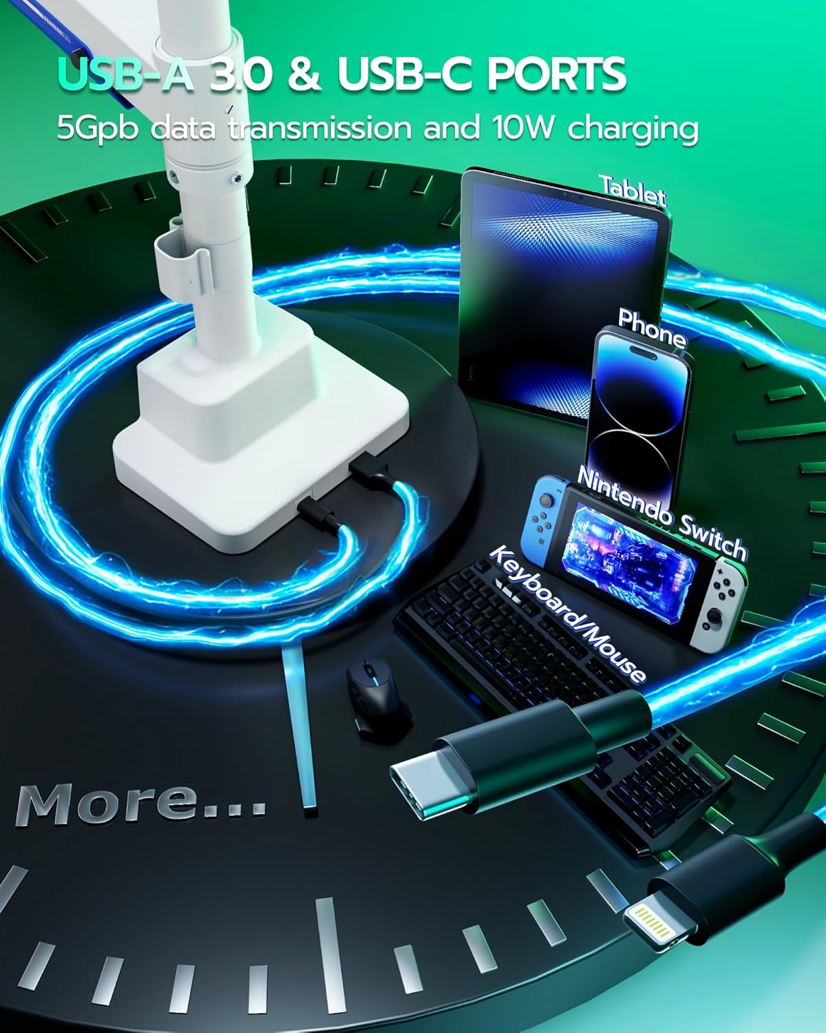 ARES WING Single Monitor Mount with USB, Ultrawide Monitor Arm for 24 to 57 Inch Heavy Duty Curved Screen, Adjustable Gas Spring Monitors Arm Stand up to 66LBS with 75/100/200 Vesa Mount, White