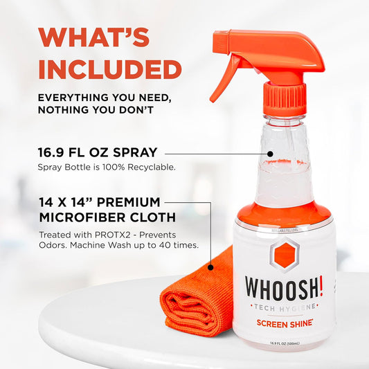 WHOOSH! Screen Shine Pro 16.9 fl oz Refillable Screen Cleaner for TV, OLED, and Monitors – Streak-Free Spray with Microfiber Cloth – Safe for Flat Screen, LCD, Smart Displays – Non-Toxic and Odorless