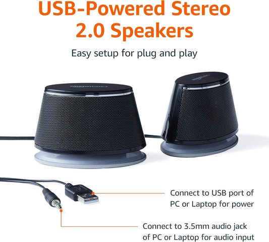 Amazon Basics Stereo 2.0 Speakers for PC or Laptop, 3.5mm Aux input, USB-Powered, 1 Pair, Black