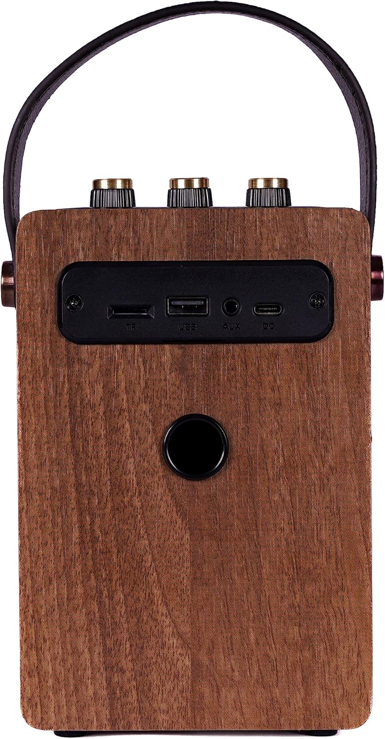 Fuse Andle Vintage Retro Bluetooth Speaker with Vegan Leather Handle | Portable Speaker with Smartphone Connection | USB & AUX Input | Stylish Brown Wood Exterior